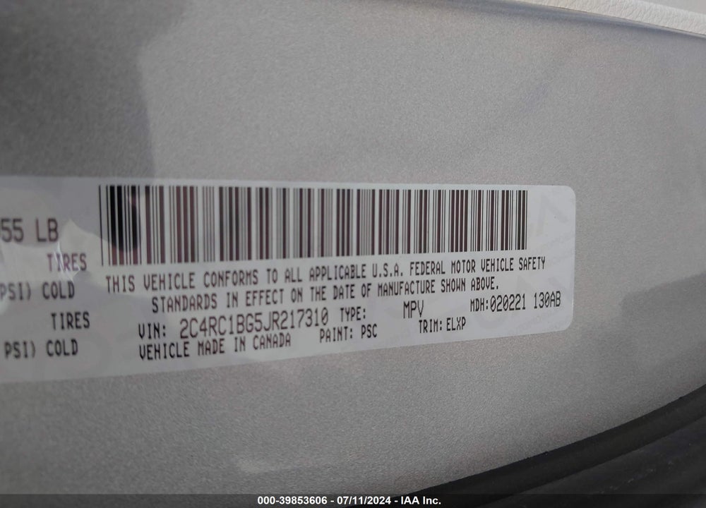 2018 CHRYSLER PACIFICA TOURING L VIN: 2C4RC1BG5JR217310