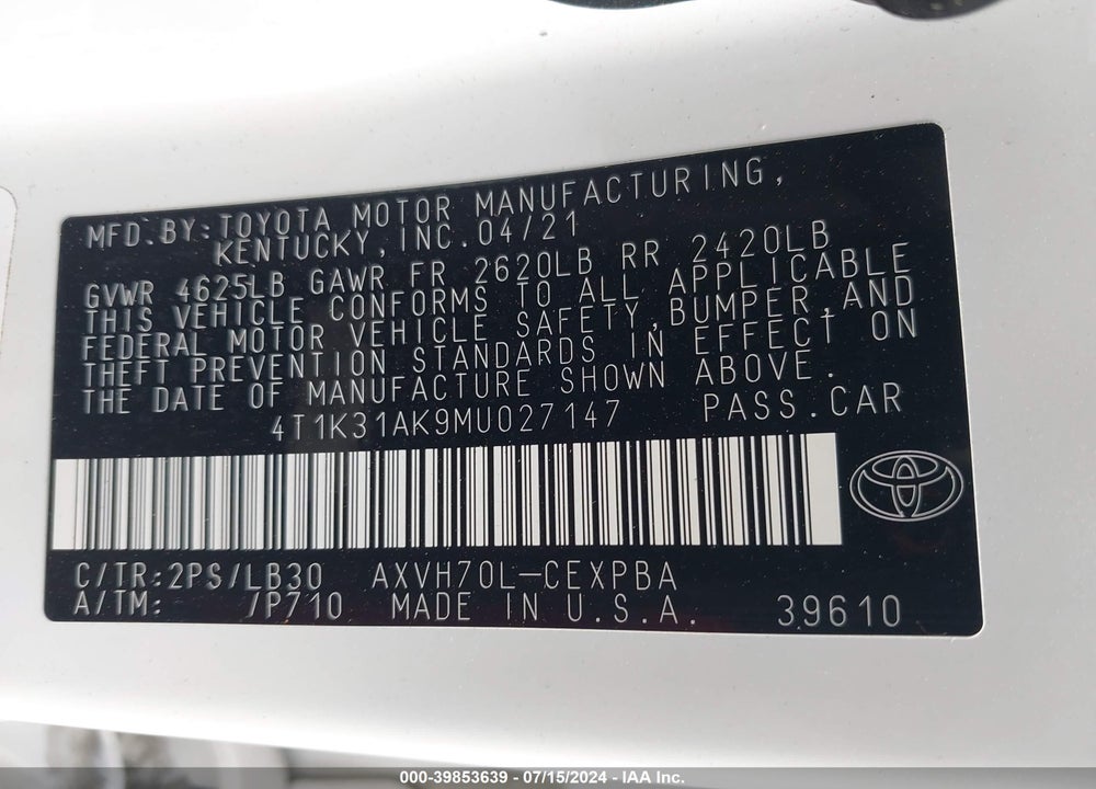 2021 TOYOTA CAMRY XSE HYBRID VIN: 4T1K31AK9MU027147