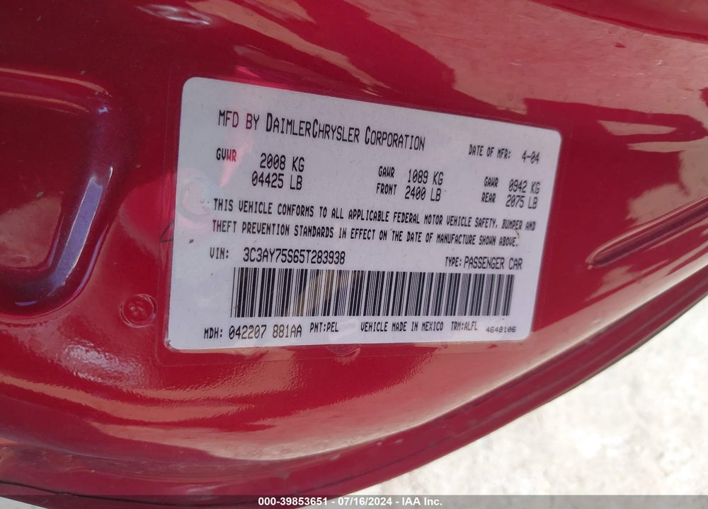 2005 CHRYSLER PT CRUISER GT VIN: 3C3AY75S65T283938