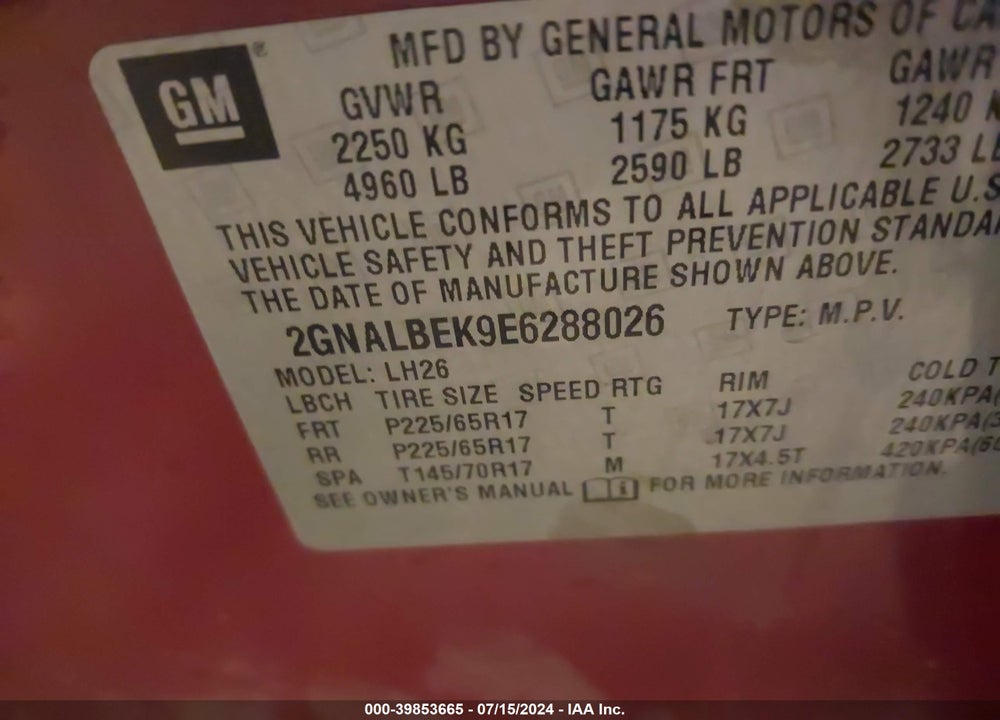 2014 CHEVROLET EQUINOX 1LT VIN: 2GNALBEK9E6288026