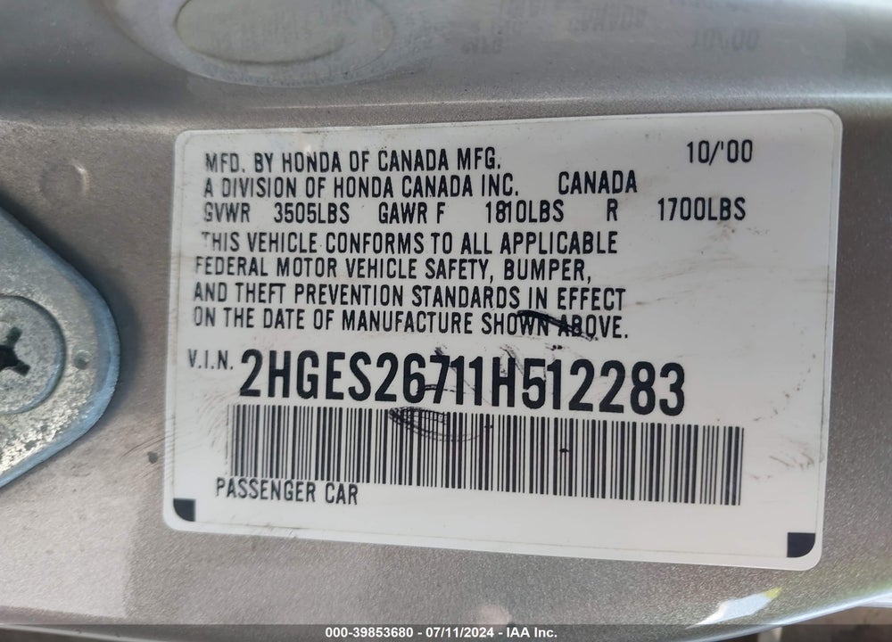 2001 HONDA CIVIC EX VIN: 2HGES26711H512283