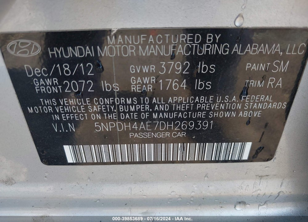 2013 HYUNDAI ELANTRA GLS VIN: 5NPDH4AE7DH269391
