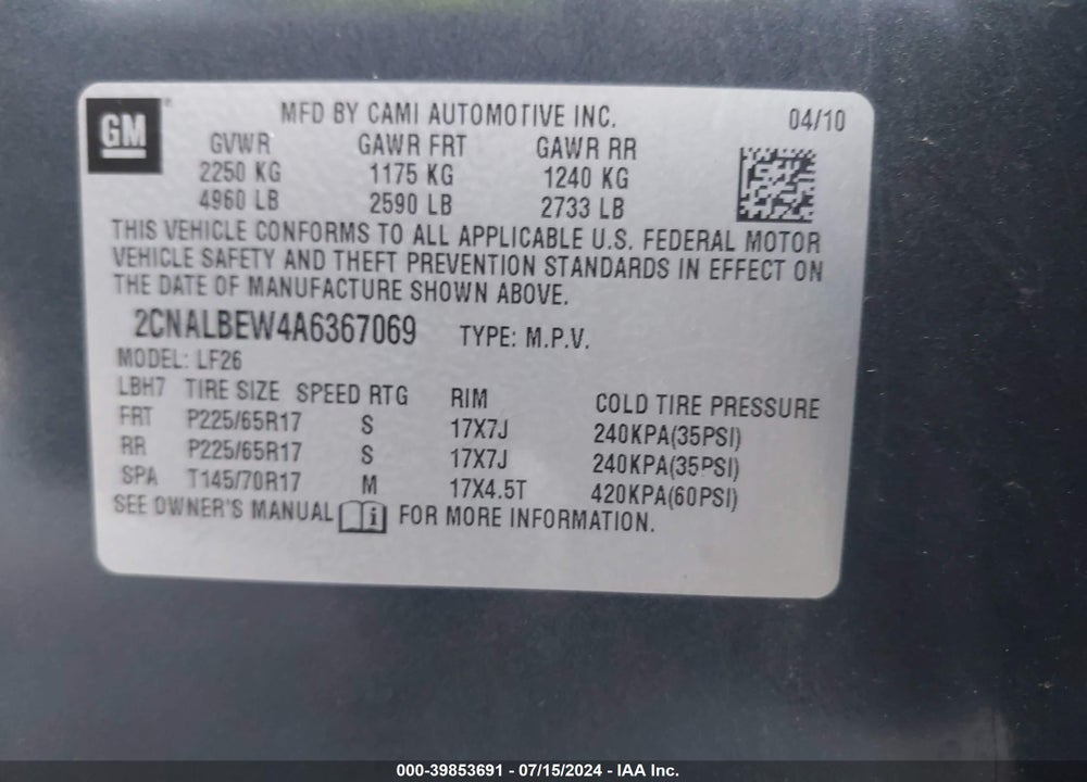 2010 CHEVROLET EQUINOX LS VIN: 2CNALBEW4A6367069