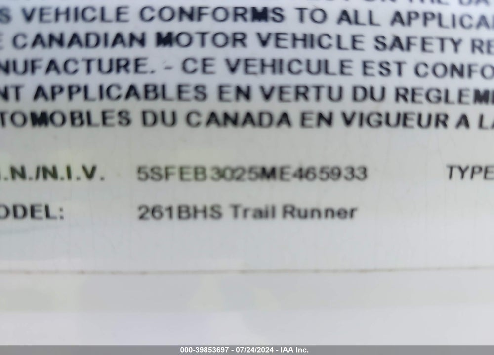2021 TRAIL RUNNER TRAVEL TRAILER VIN: 5SFEB3025ME465933