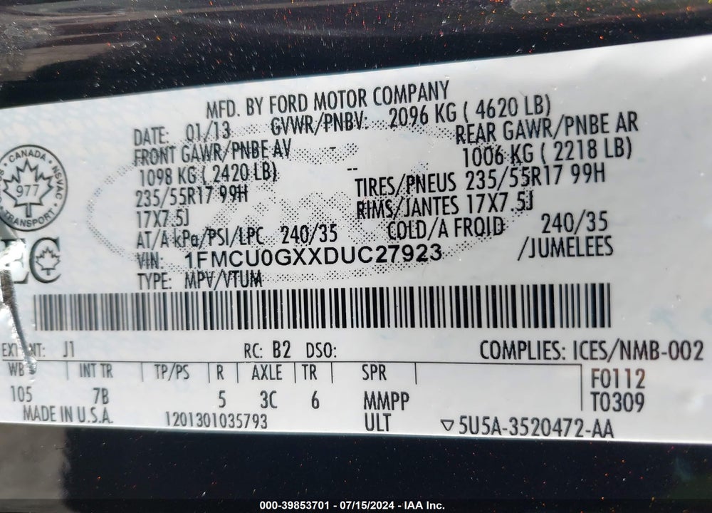 2013 FORD ESCAPE SE VIN: 1FMCU0GXXDUC27923