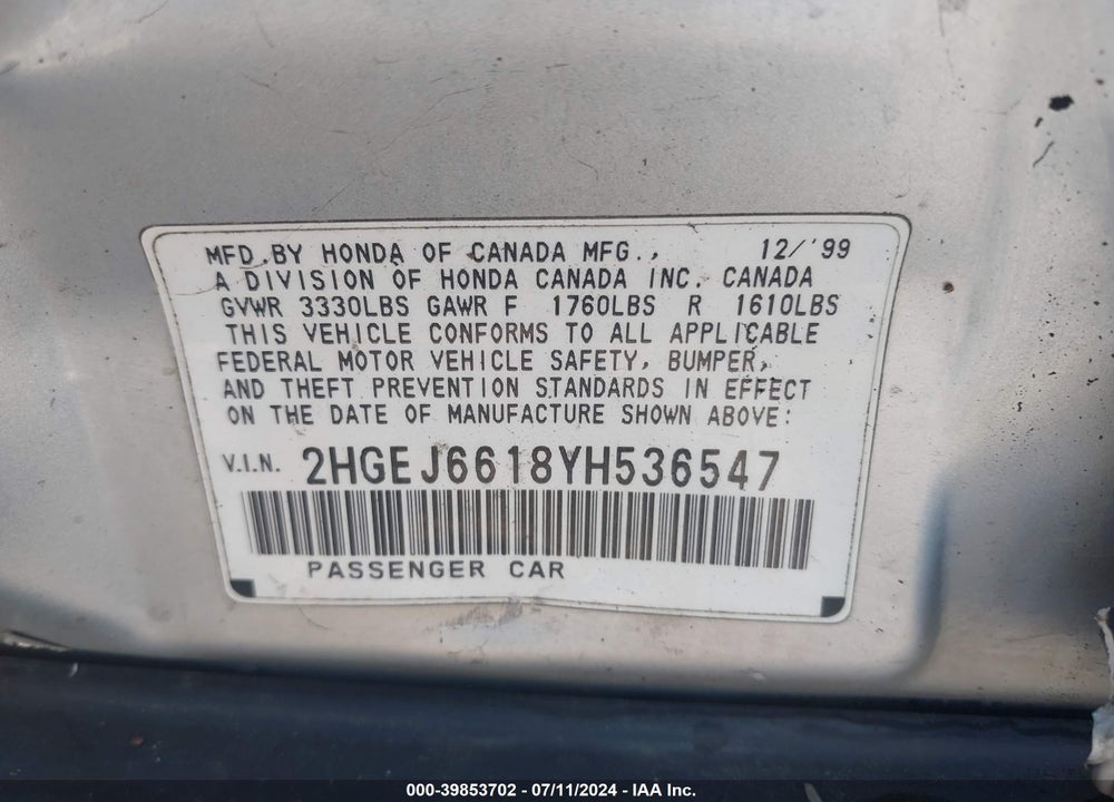 2000 HONDA CIVIC VALUE PACKAGE VIN: 2HGEJ6618YH536547