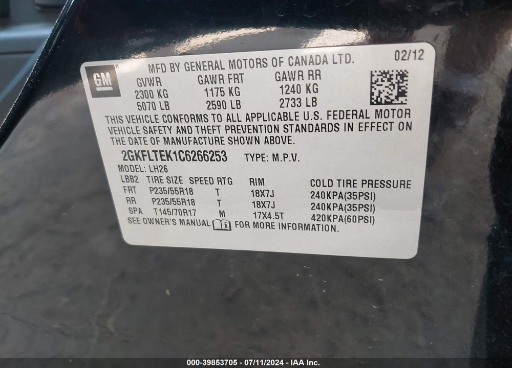 2012 GMC TERRAIN SLE-2 VIN: 2GKFLTEK1C6266253