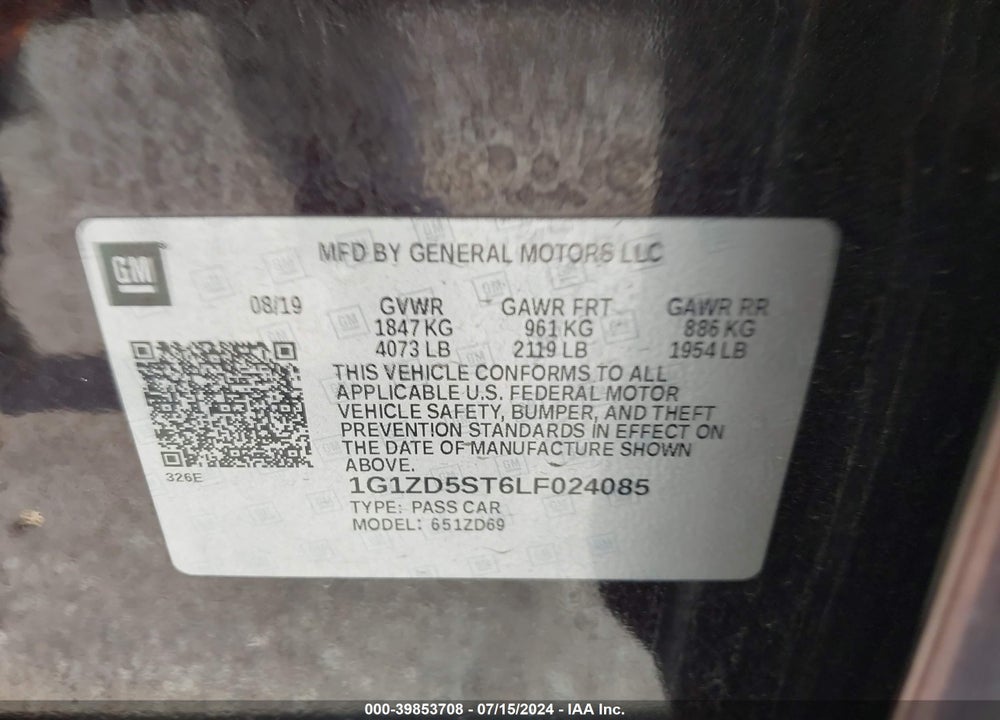 2020 CHEVROLET MALIBU FWD LT VIN: 1G1ZD5ST6LF024085