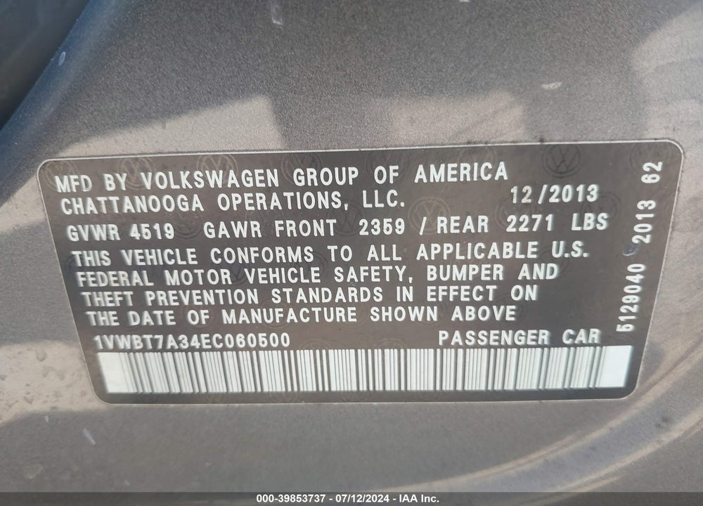 2014 VOLKSWAGEN PASSAT 1.8T SE VIN: 1VWBT7A34EC060500