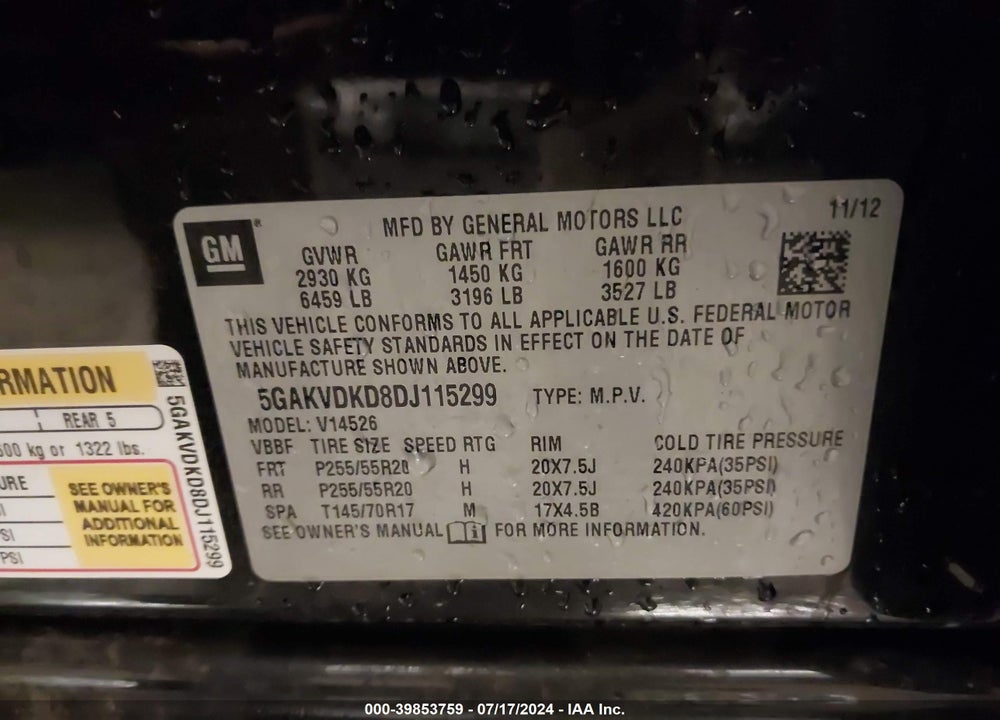 2013 BUICK ENCLAVE PREMIUM VIN: 5GAKVDKD8DJ115299