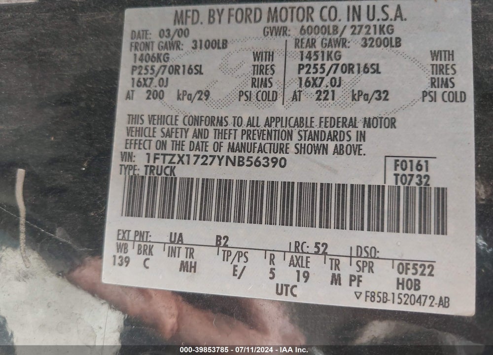 2000 FORD F-150 WORK SERIES/XL/XLT VIN: 1FTZX1727YNB56390