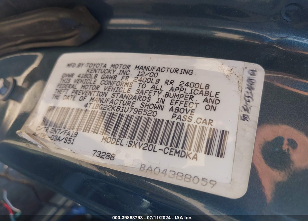 2001 TOYOTA CAMRY CE VIN: 4T1BG22K81U796520