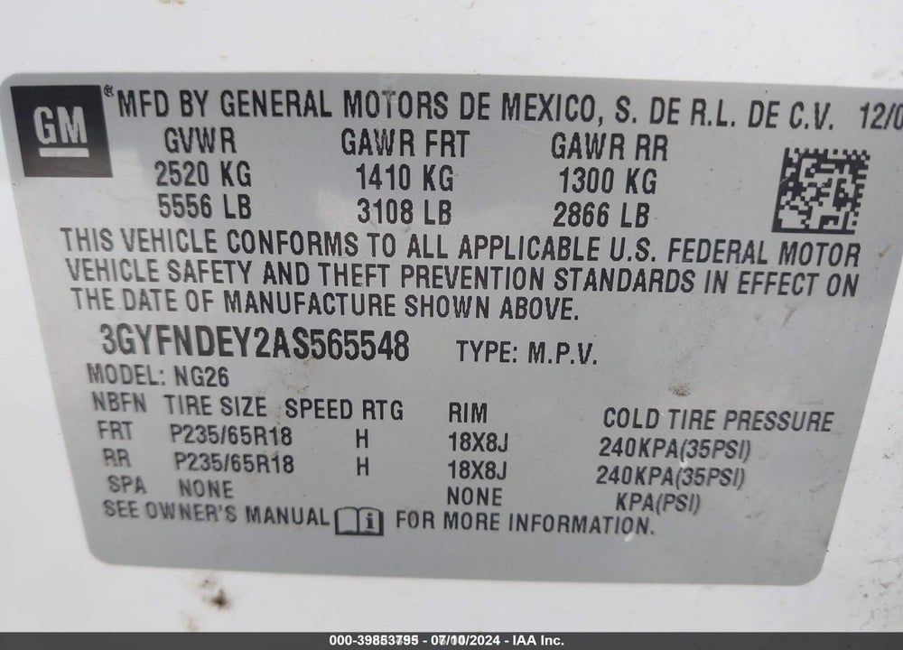 2010 CADILLAC SRX LUXURY COLLECTION VIN: 3GYFNDEY2AS565548