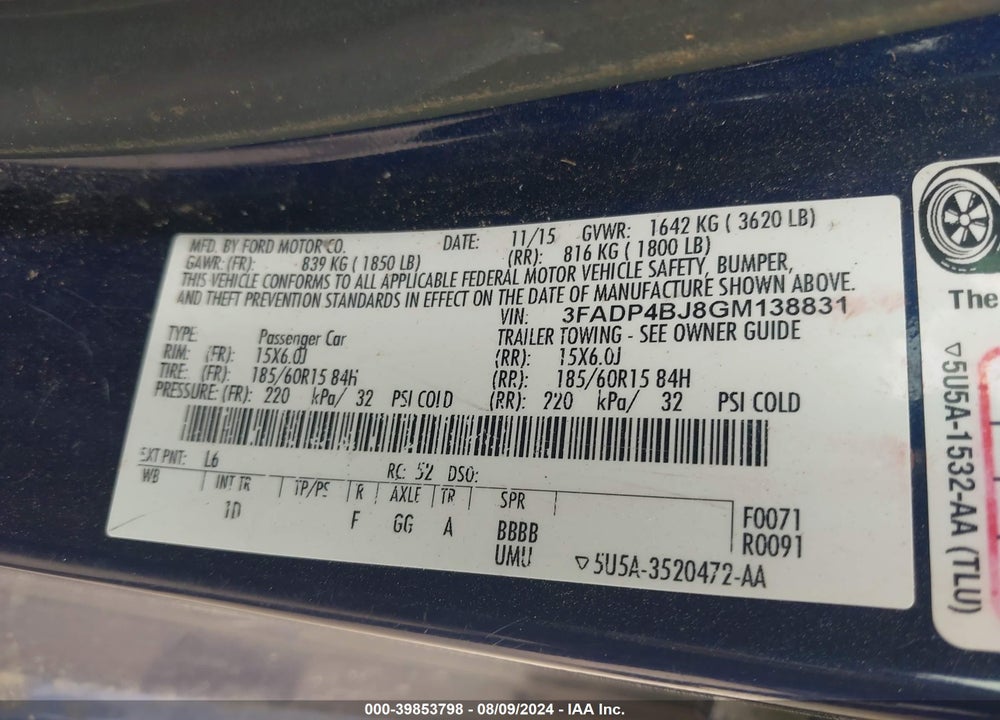 2016 FORD FIESTA SE VIN: 3FADP4BJ8GM138831