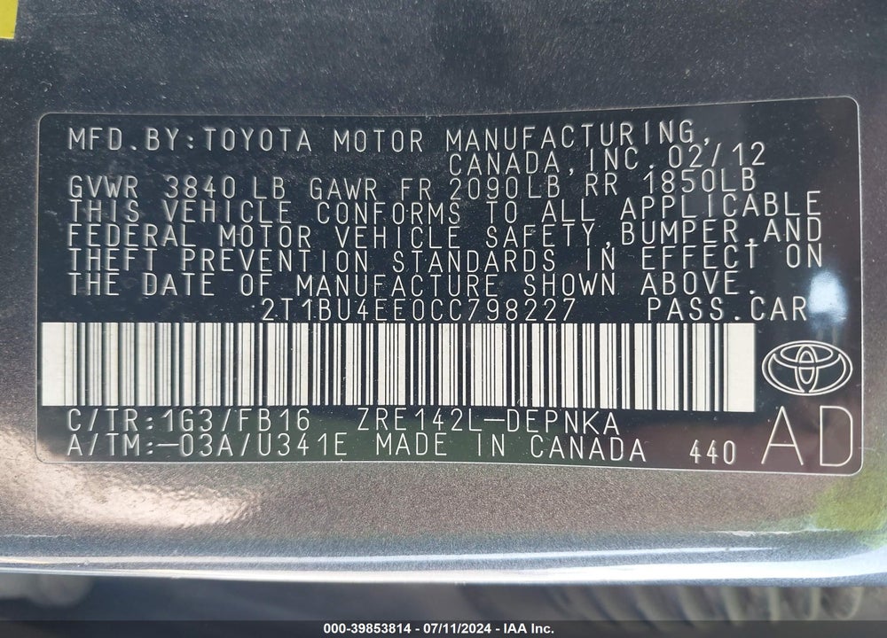 2012 TOYOTA COROLLA LE VIN: 2T1BU4EE0CC798227