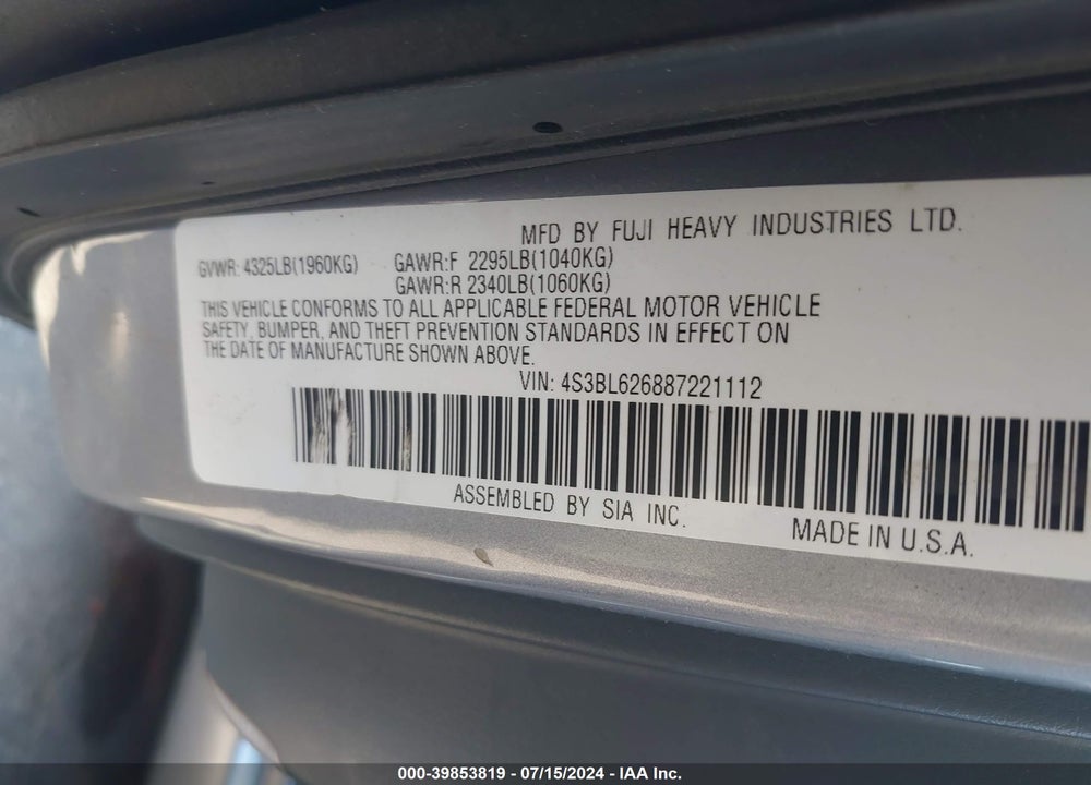 2008 SUBARU LEGACY 2.5I LIMITED VIN: 4S3BL626887221112