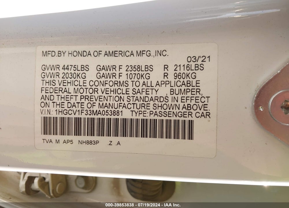 2021 HONDA ACCORD SPORT VIN: 1HGCV1F33MA053881
