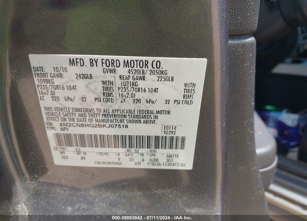 2011 MERCURY MARINER PREMIER VIN: 4M2CN8HG2BKJ07518