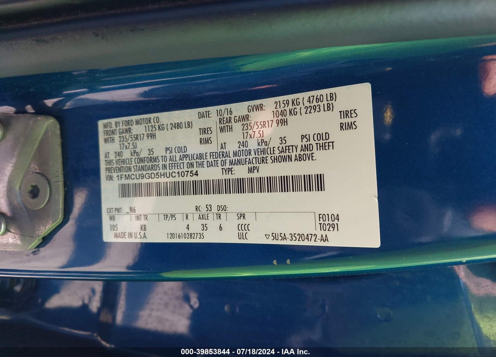 2017 FORD ESCAPE SE VIN: 1FMCU9GD5HUC10754
