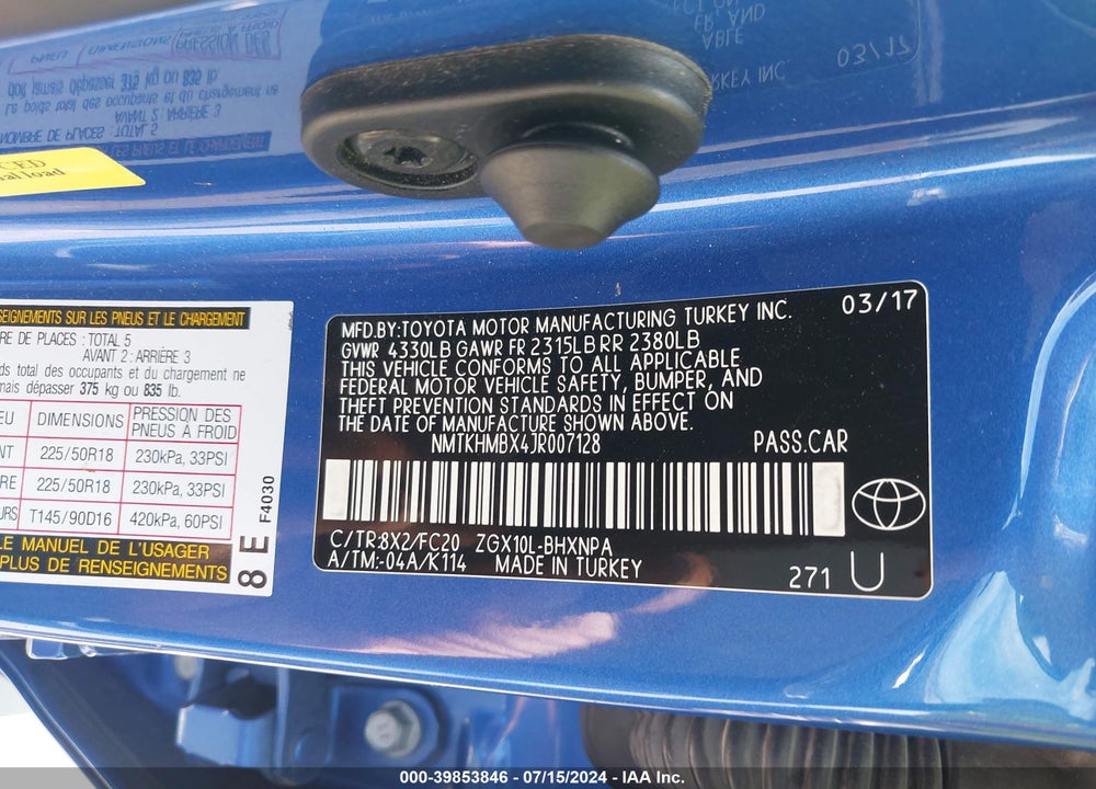 2018 TOYOTA C-HR XLE VIN: NMTKHMBX4JR007128