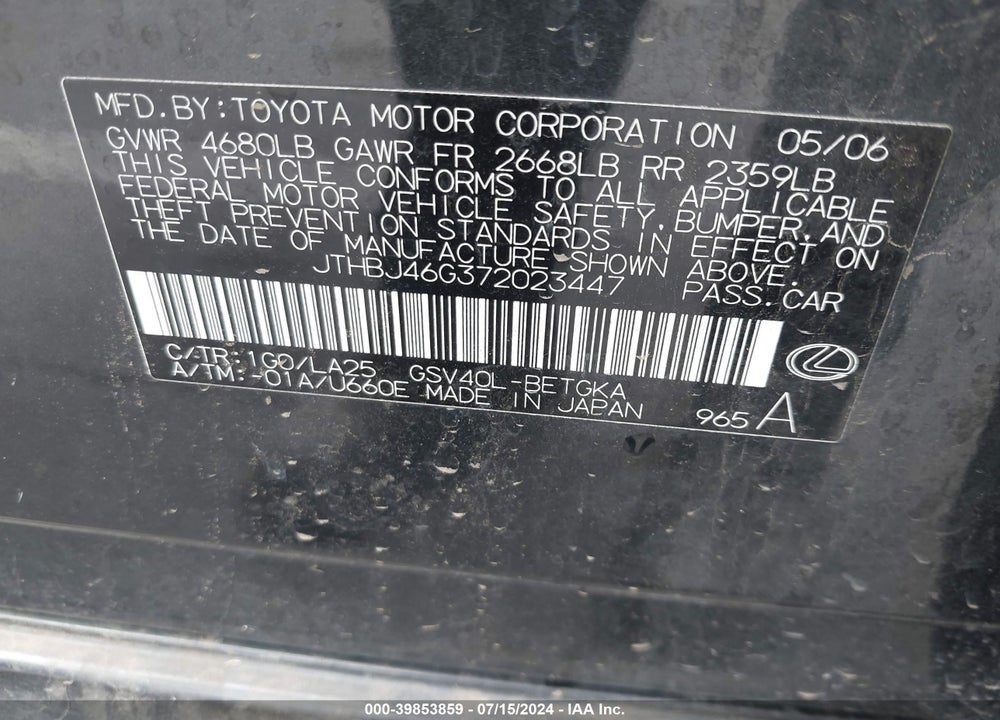 2007 LEXUS ES 350 VIN: JTHBJ46G372023447