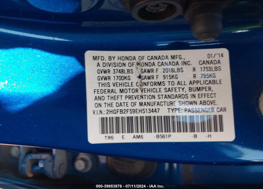 2014 HONDA CIVIC LX VIN: 2HGFB2F59EH513447