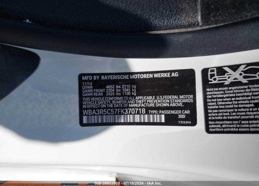 2015 BMW 435I XDRIVE VIN: WBA3R5C57FK370718