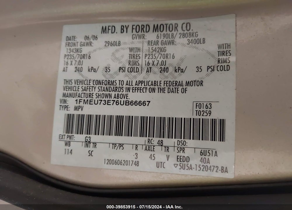 2006 FORD EXPLORER XLT VIN: 1FMEU73E76UB66667
