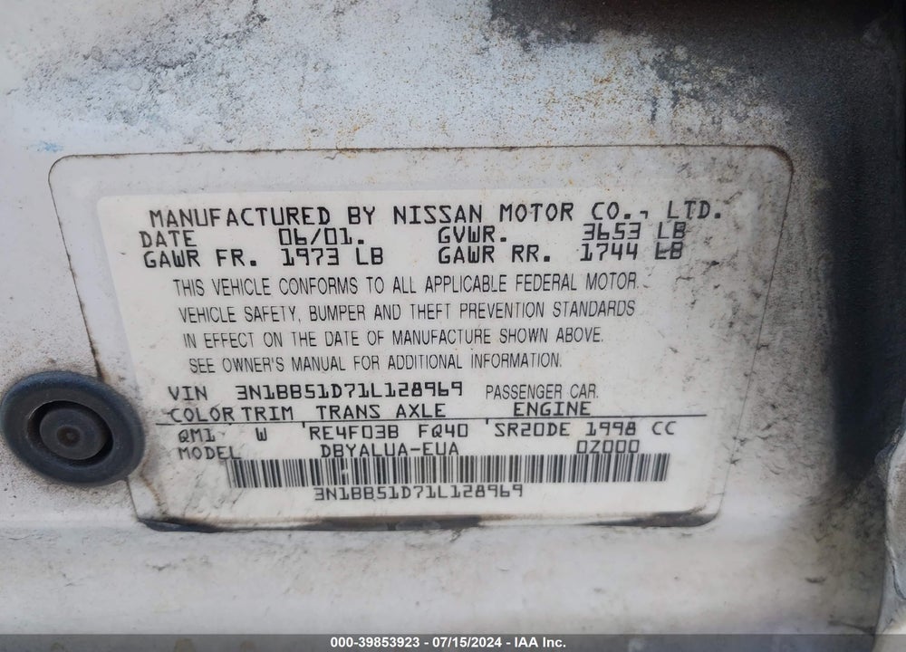 2001 NISSAN SENTRA SE- VIN: 3N1BB51D71L128969