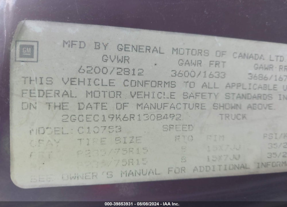 1994 CHEVROLET GMT-400 C1500 VIN: 2GCEC19K6R1308492