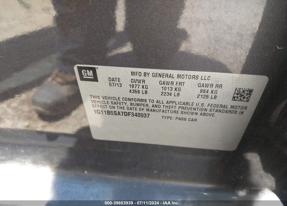 2013 CHEVROLET MALIBU 1LS VIN: 1G11B5SA7DF340937