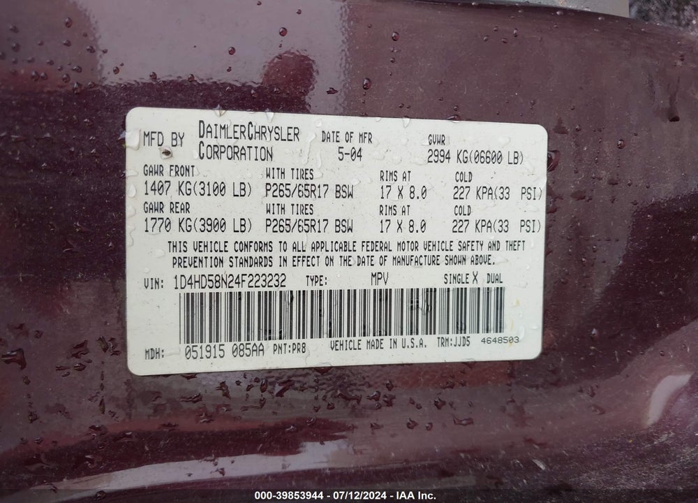 2004 DODGE DURANGO LIMITED VIN: 1D4HD58N24F223232