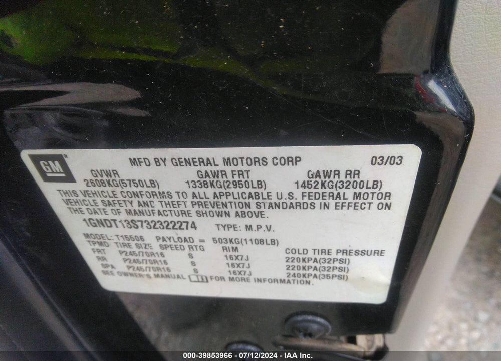 2003 CHEVROLET TRAILBLAZER LT VIN: 1GNDT13S732322274