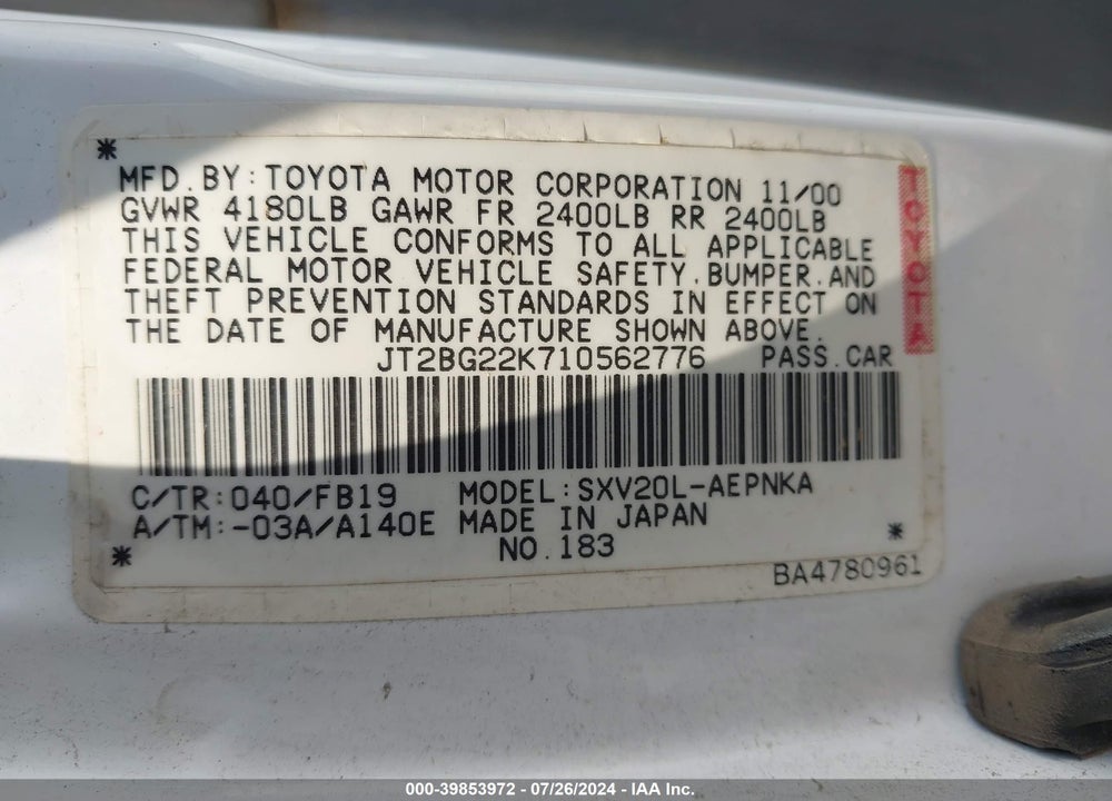 2001 TOYOTA CAMRY LE VIN: JT2BG22K710562776