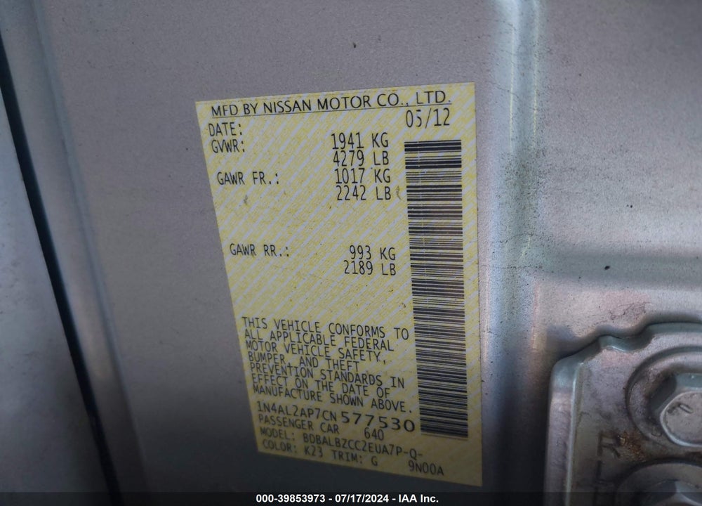 2012 NISSAN ALTIMA 2.5 S VIN: 1N4AL2AP7CN577530