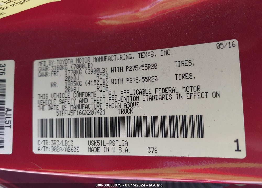 2016 TOYOTA TUNDRA LIMITED 5.7L V8 VIN: 5TFFW5F16GX207421