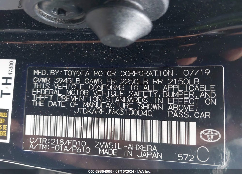 2019 TOYOTA PRIUS LE VIN: JTDKARFU9K3100040