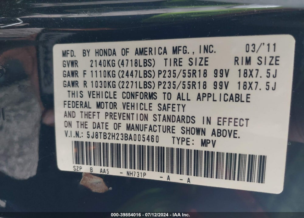 2011 ACURA RDX VIN: 5J8TB2H23BA005460