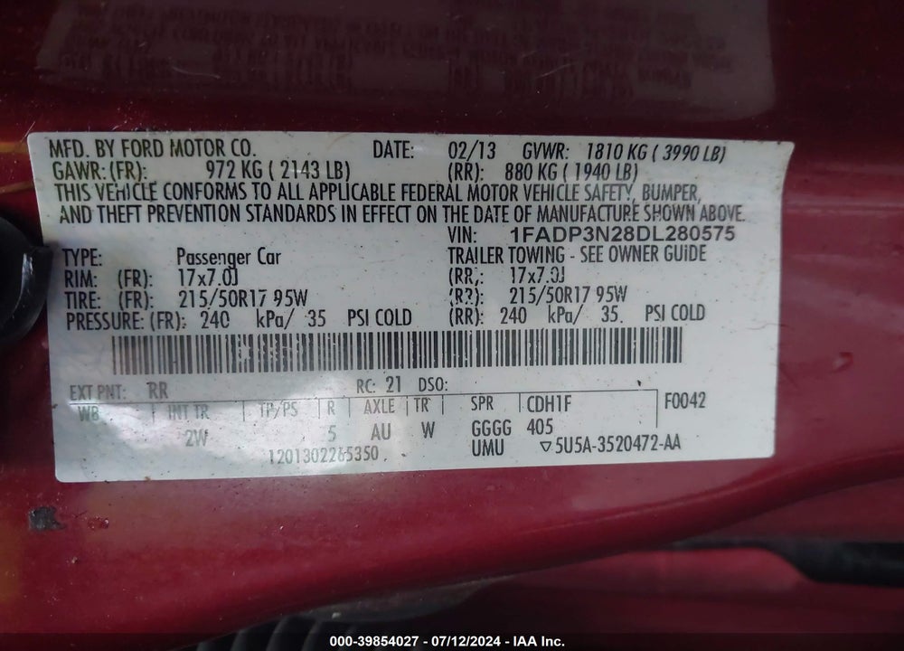 2013 FORD FOCUS TITANIUM VIN: 1FADP3N28DL280575
