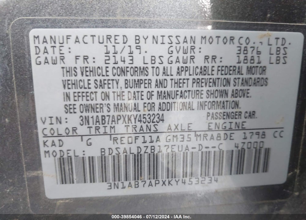 2019 NISSAN SENTRA SV VIN: 3N1AB7APXKY453234