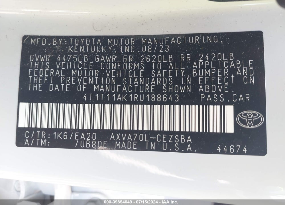 2024 TOYOTA CAMRY SE VIN: 4T1T11AK1RU188643