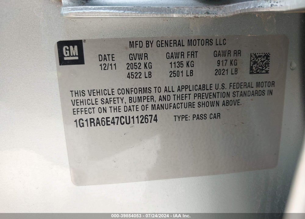 2012 CHEVROLET VOLT VIN: 1G1RA6E47CU112674