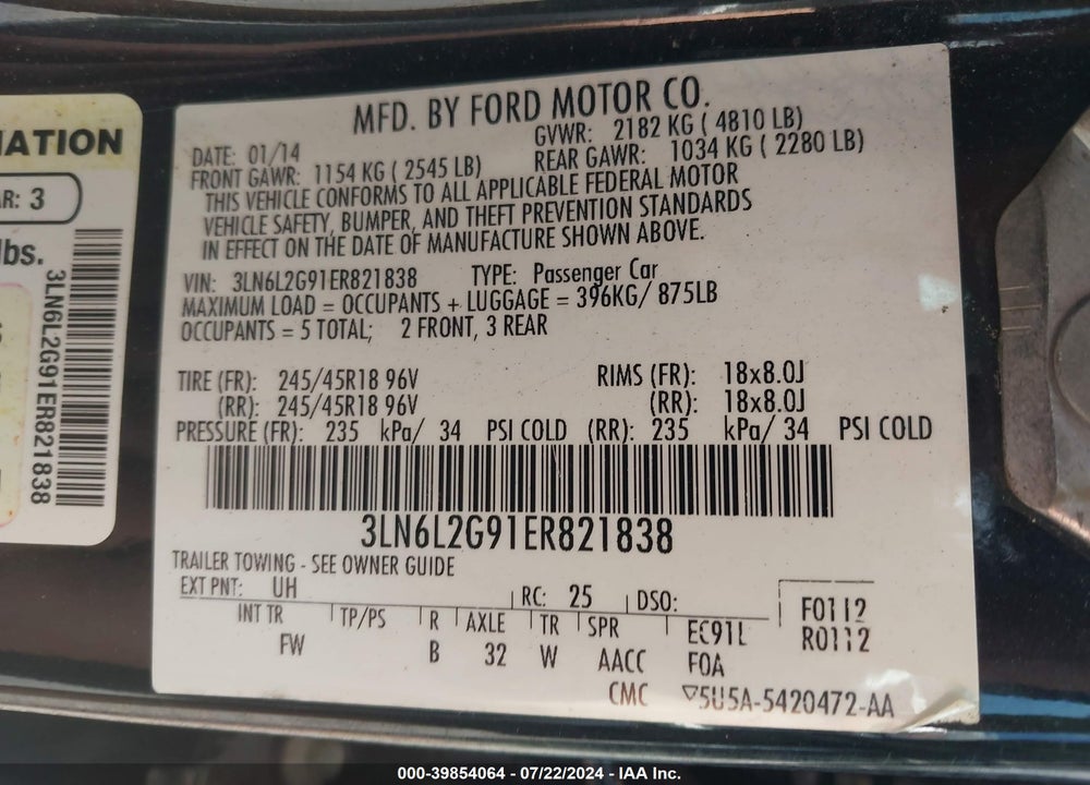 2014 LINCOLN MKZ VIN: 3LN6L2G91ER821838