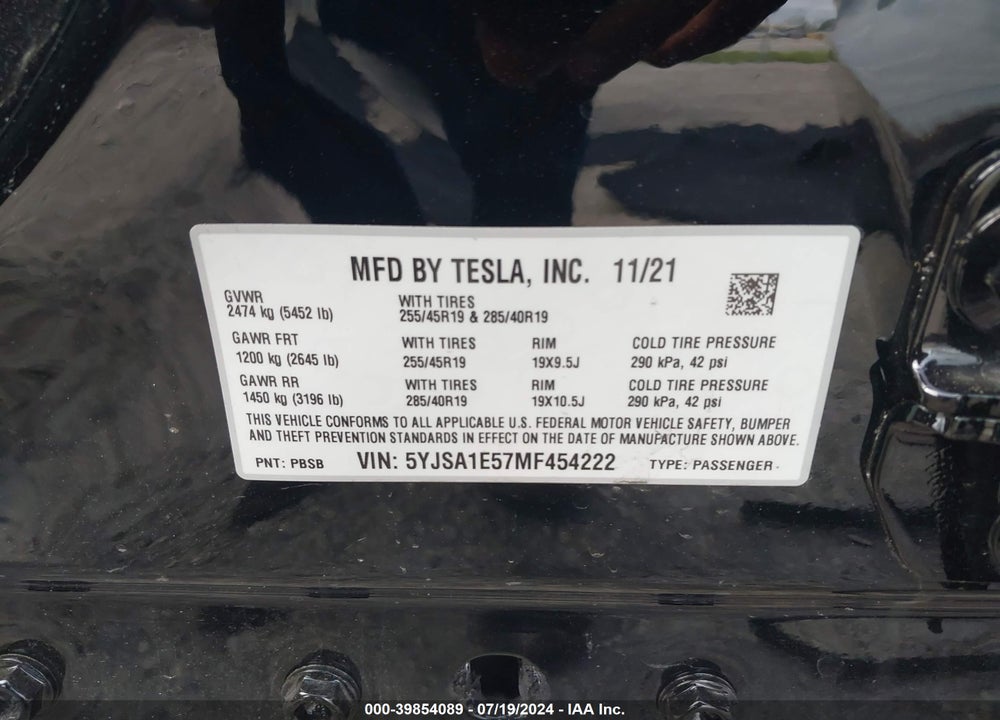 2021 TESLA MODEL S LONG RANGE DUAL MOTOR ALL-WHEEL DRIVE VIN: 5YJSA1E57MF454222