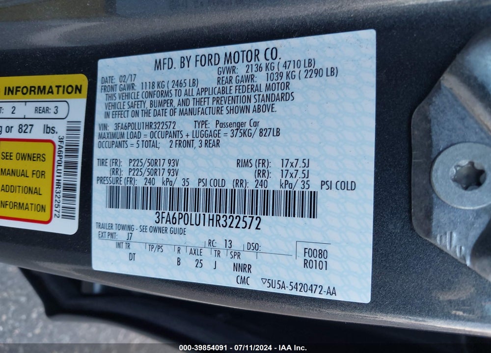 2017 FORD FUSION HYBRID SE VIN: 3FA6P0LU1HR322572