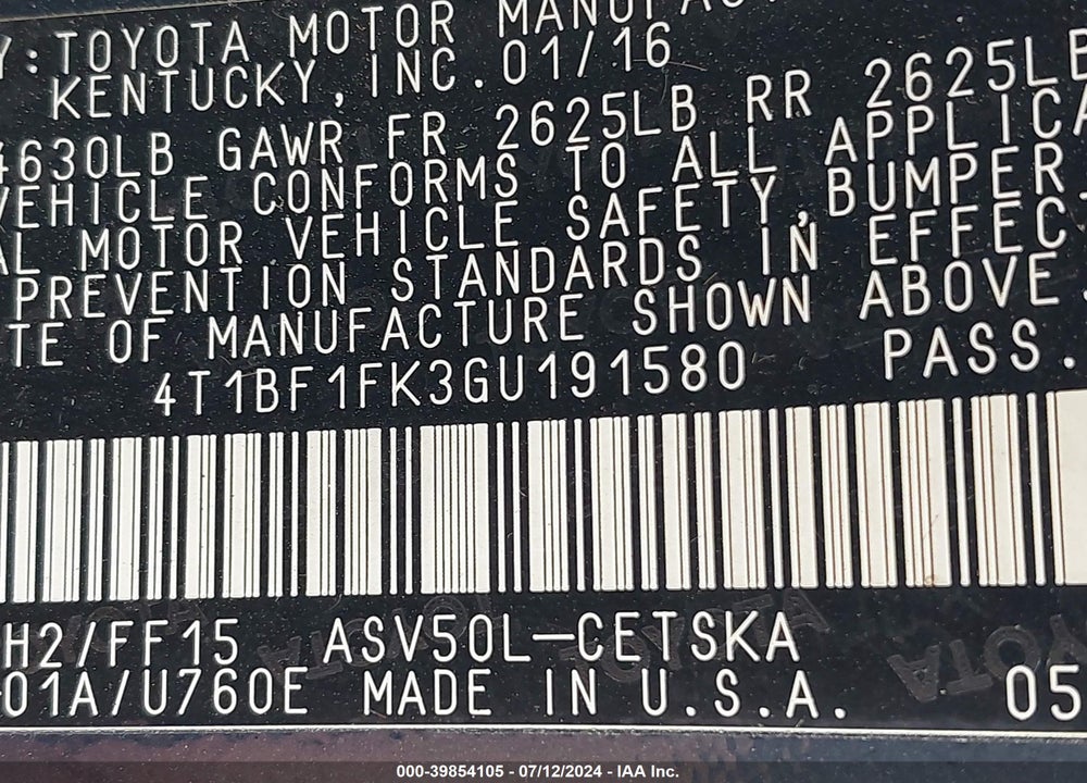 2016 TOYOTA CAMRY SE VIN: 4T1BF1FK3GU191580