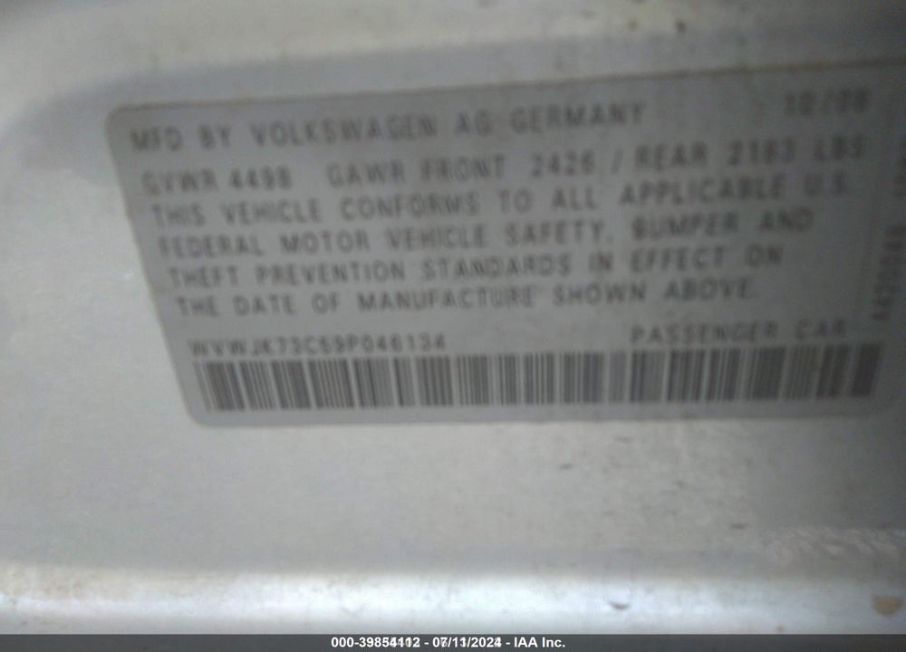2009 VOLKSWAGEN PASSAT KOMFORT VIN: WVWJK73C59P046134