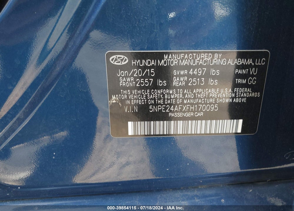 2015 HYUNDAI SONATA SE VIN: 5NPE24AFXFH170095
