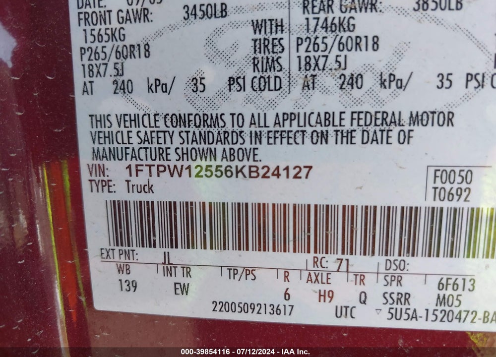 2006 FORD F-150 LARIAT/XLT VIN: 1FTPW12556KB24127
