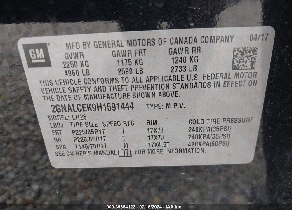2017 CHEVROLET EQUINOX LT VIN: 2GNALCEK9H1591444